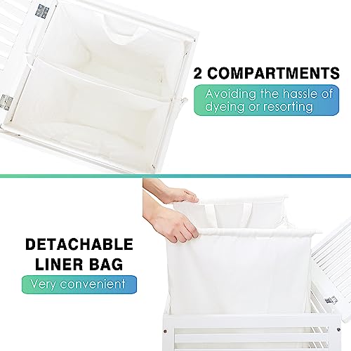 SMIBUY Double Laundry Hamper with Lid, 120L Bamboo Laundry Basket with Removable Liner Bag, 2-Section Clothes Divider Laundry Sorter for Laundry Room, Bathroom, Bedroom (White) - Image 4