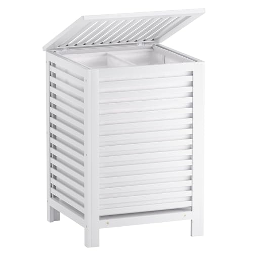 SMIBUY Double Laundry Hamper with Lid, 120L Bamboo Laundry Basket with Removable Liner Bag, 2-Section Clothes Divider Laundry Sorter for Laundry Room, Bathroom, Bedroom (White) - Image 1