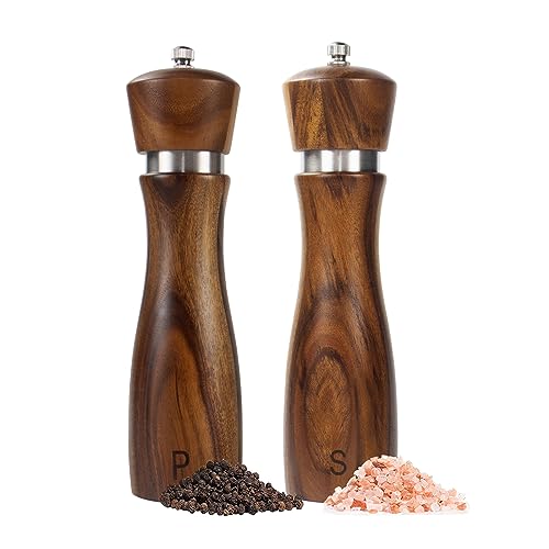 Haomacro 2 Pack Wood Salt and Pepper Grinder Set, Acacia Wood Salt and Pepper Grinder Mill Pepper Grinder Ceramic Stainless Steel Core-8 Inch - Image 1