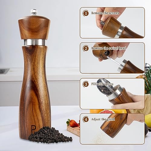 Haomacro 2 Pack Wood Salt and Pepper Grinder Set, Acacia Wood Salt and Pepper Grinder Mill Pepper Grinder Ceramic Stainless Steel Core-8 Inch - Image 2