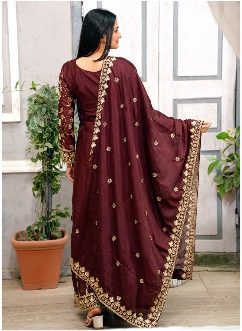 Super Asian - Premium Embroidered Chinnon Sharara Suit with Sequins & Real Kodi Lace Border - Image 1