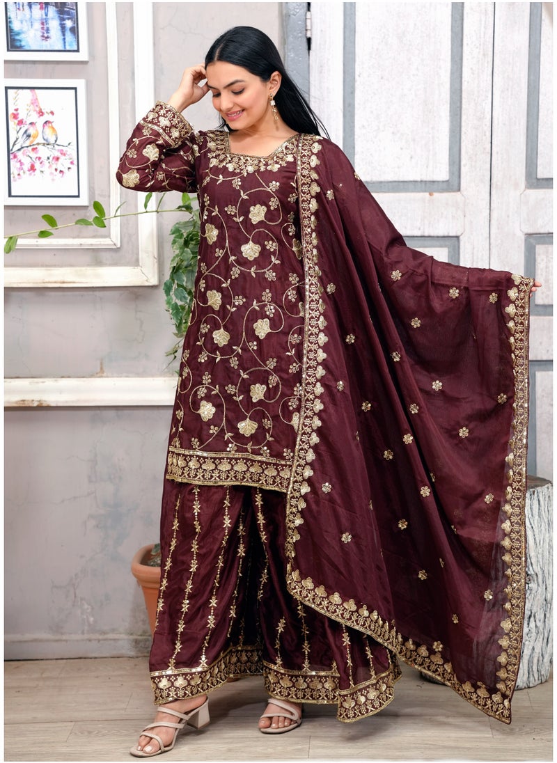 Super Asian - Premium Embroidered Chinnon Sharara Suit with Sequins & Real Kodi Lace Border - Image 1