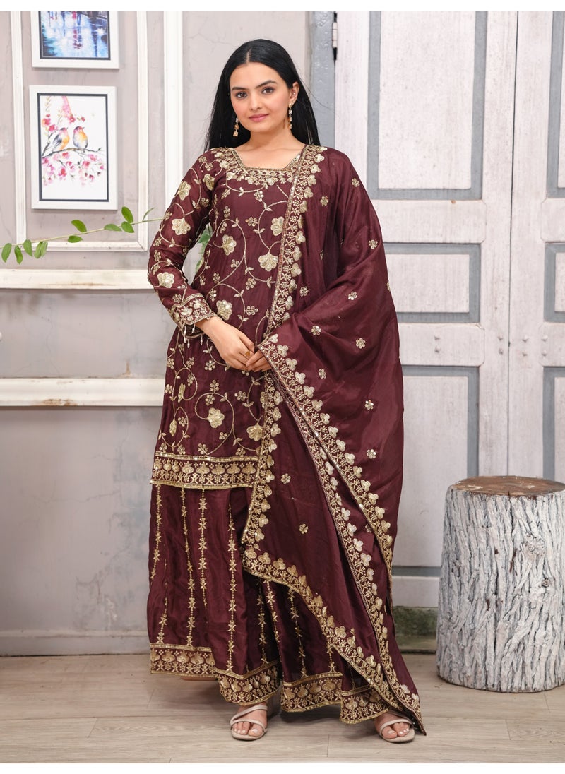 Super Asian - Premium Embroidered Chinnon Sharara Suit with Sequins & Real Kodi Lace Border - Image 1