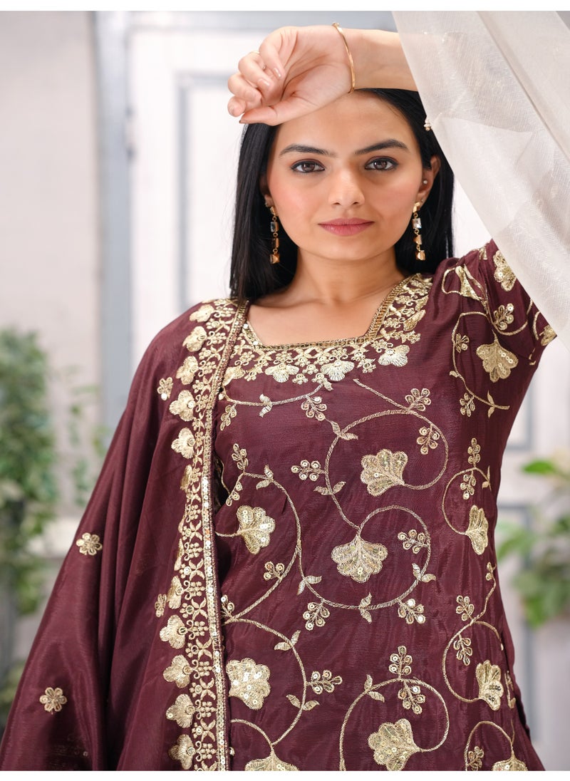 Super Asian - Premium Embroidered Chinnon Sharara Suit with Sequins & Real Kodi Lace Border - Image 1