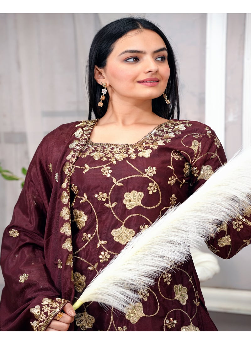 Super Asian - Premium Embroidered Chinnon Sharara Suit with Sequins & Real Kodi Lace Border - Image 1
