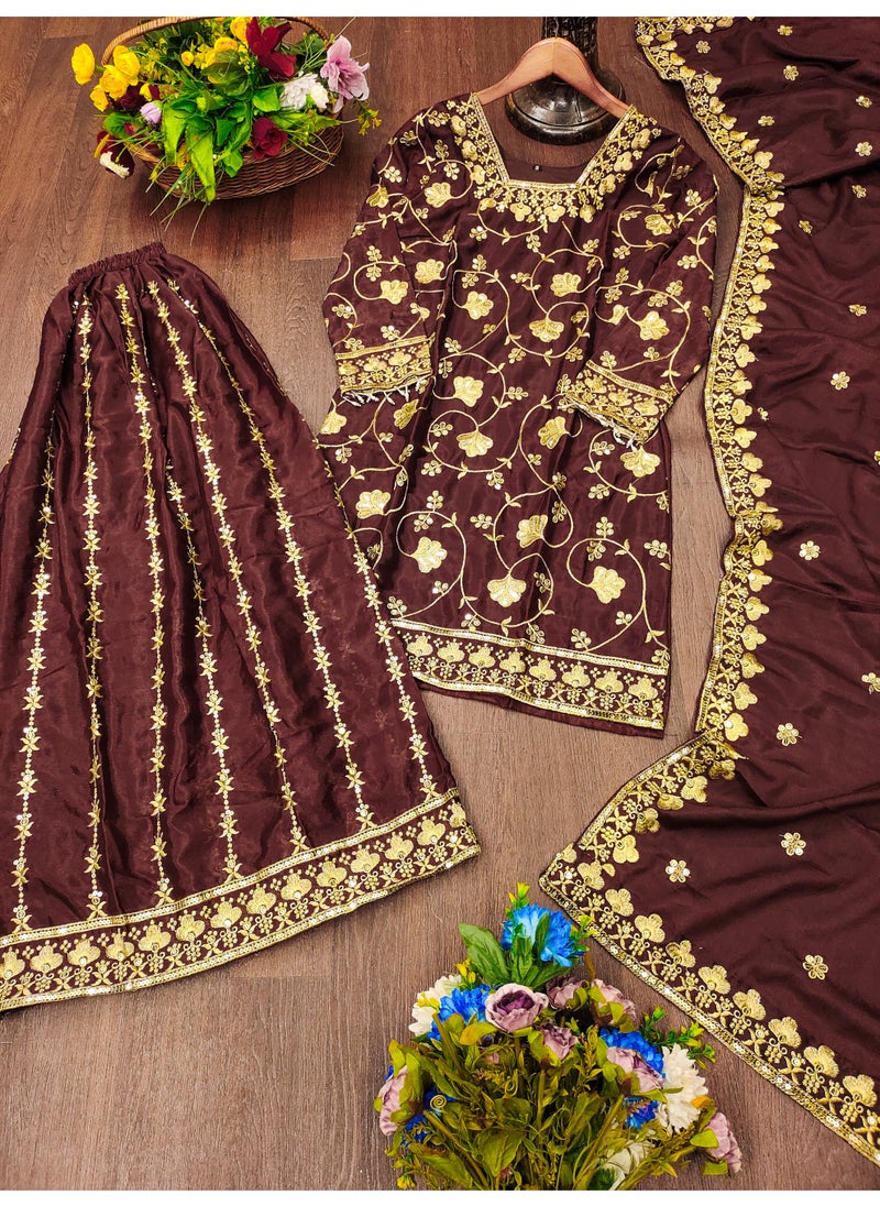 Super Asian - Premium Embroidered Chinnon Sharara Suit with Sequins & Real Kodi Lace Border - Image 1