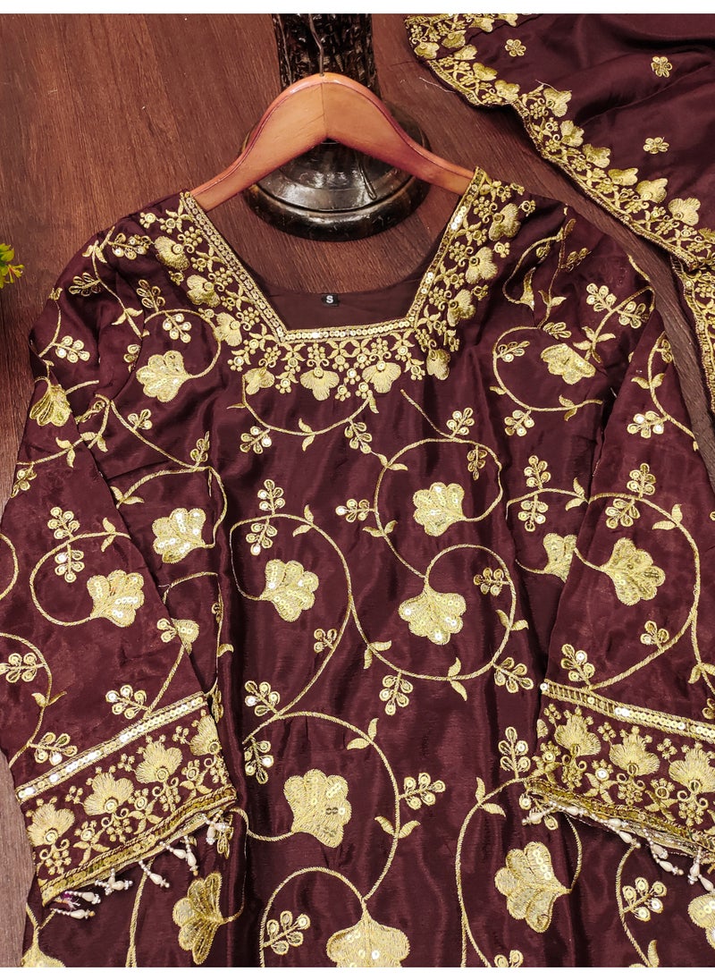 Super Asian - Premium Embroidered Chinnon Sharara Suit with Sequins & Real Kodi Lace Border - Image 1