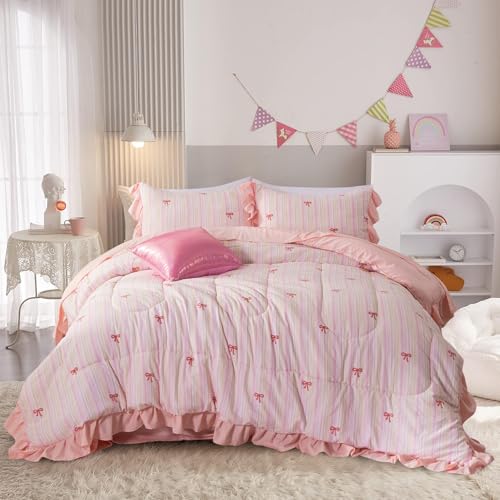 Aimuan Pink Bow Comforter Set 6 Piece, Cute Ribbon Bowknot Bedding Set, Princess Rainbow Comforter and Sheet Set Dreamy Lightweight Soft Bed Set for Girls (Pink Colorful, Twin 6Pcs) - Image 1