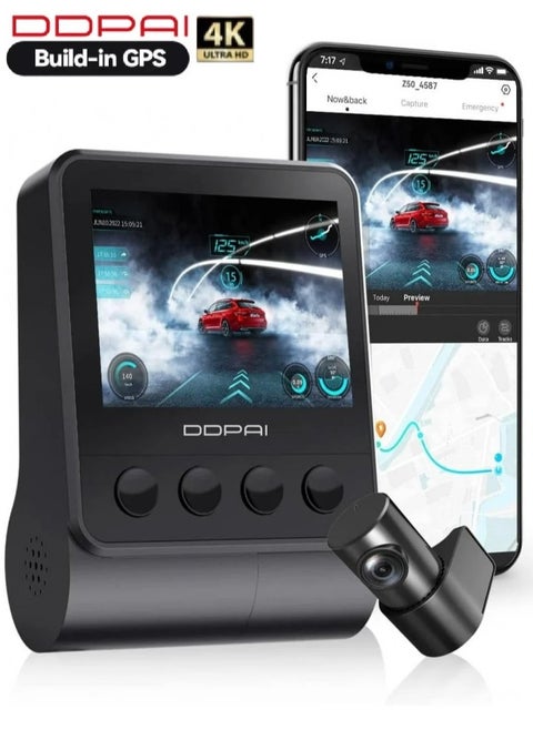 DDPAI Z50 4K Ultra HD Resolution Dash Cam Front and Rear Built-in GPS Wi-Fi, 3680P Front, 1080P Rear Dual Dash Camera