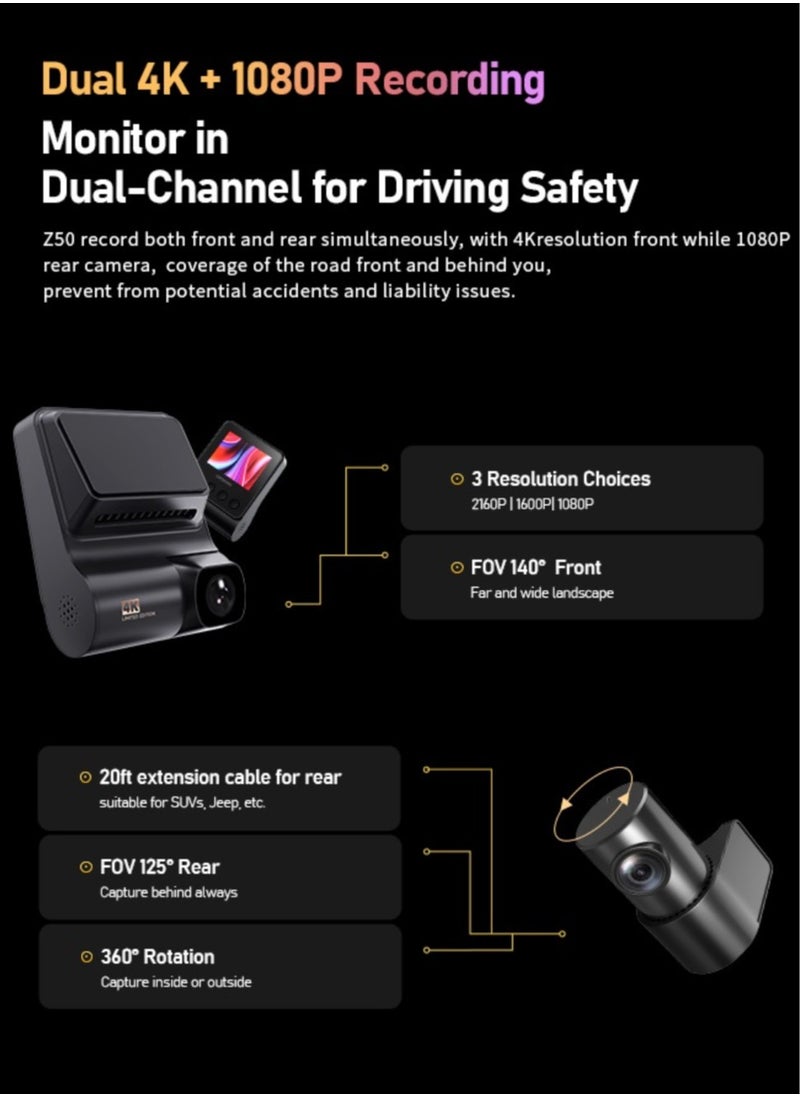DDPAI Z50 4K Ultra HD Resolution Dash Cam Front and Rear Built-in GPS Wi-Fi, 3680P Front, 1080P Rear Dual Dash Camera