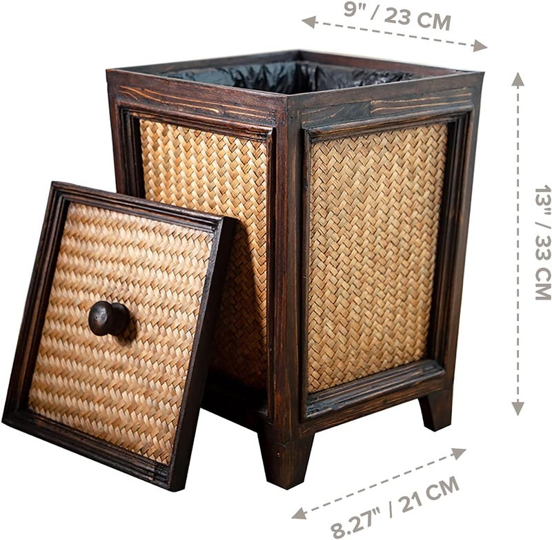 Primo Supply Rattan 7L Trash Can - Hand Woven Brown Square Garbage Bin with Lid - Small Wooden Bathroom Kitchen Decorative Waste Basket - Image 2