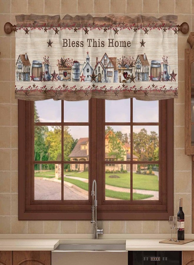 Litter Star Window Valance Rod Pocket Short Curtain Panels Farm Retro Barn Berry and Star Kitchen Valances Curtains, Bless This Home Vintage Wood Texture Window Treatments Drapes for Living Room Bedroom Decor - Image 1