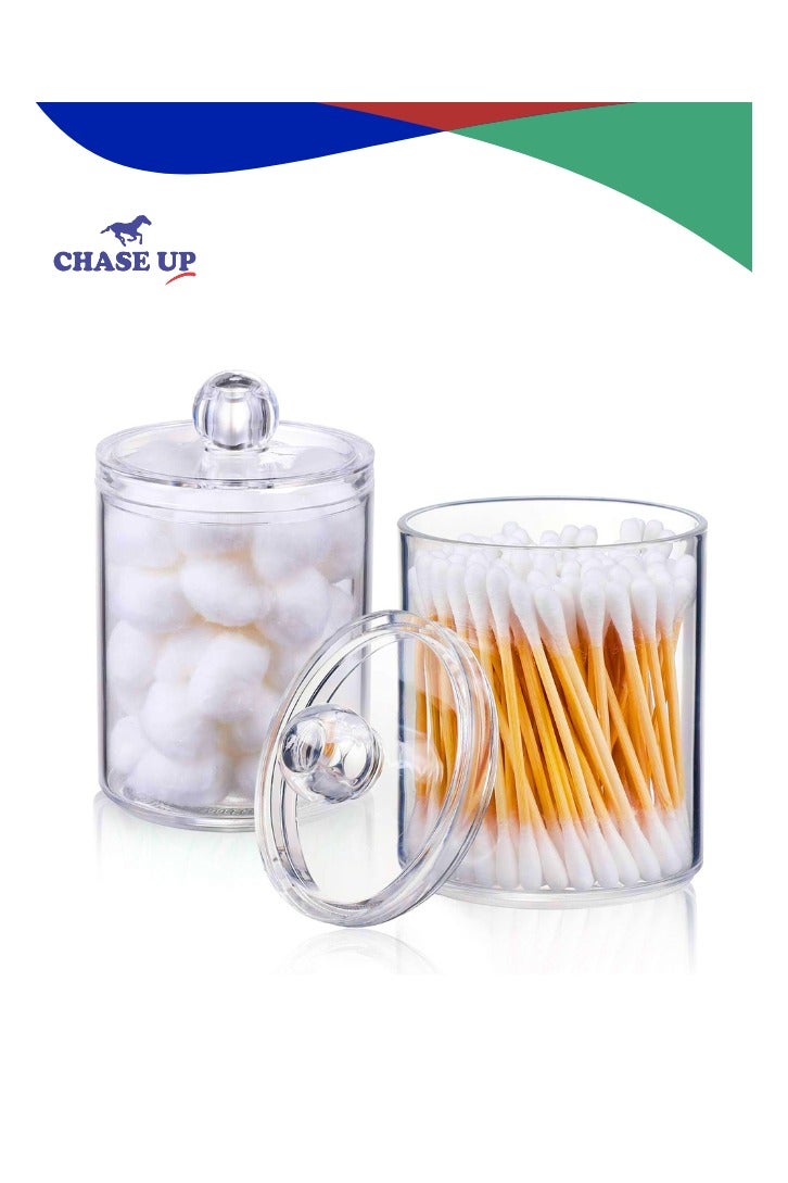 Chase Up 2 Pack Qtip Holder Dispenser For Cotton Ball, Cotton Swab, Cotton Round Pads, Floss,10 oz Clear Plastic Apothecary Jar Set For Bathroom Canister Storage Organization, Makeup Organizer Storage - Image 1