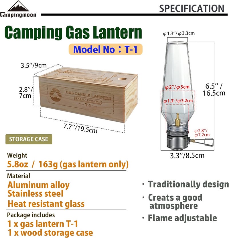 camping moon فوانيس غاز التخييم CAMPINGMOON مع علبة فوانيس خشبية T-1 - Image 3
