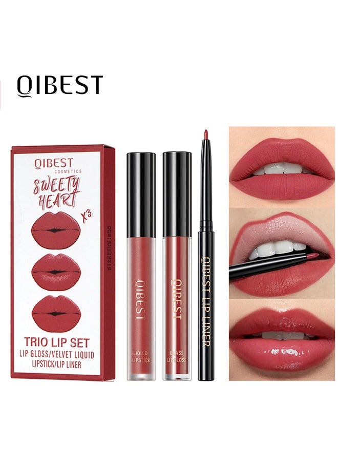 كيو آي بست مجموعة الشفاه الثلاثية محدد الشفاه ملمع الشفاه ومجموعة مكياج أحمر الشفاه السائل المخملي مجموعة محدد الشفاه غير اللامع مجموعة محدد الشفاه غير اللامع مقاوم للماء طويل الأمد لا يتلاشى طقم أحمر الشفاه السائل للمكياج اليومي #04 - Image 1