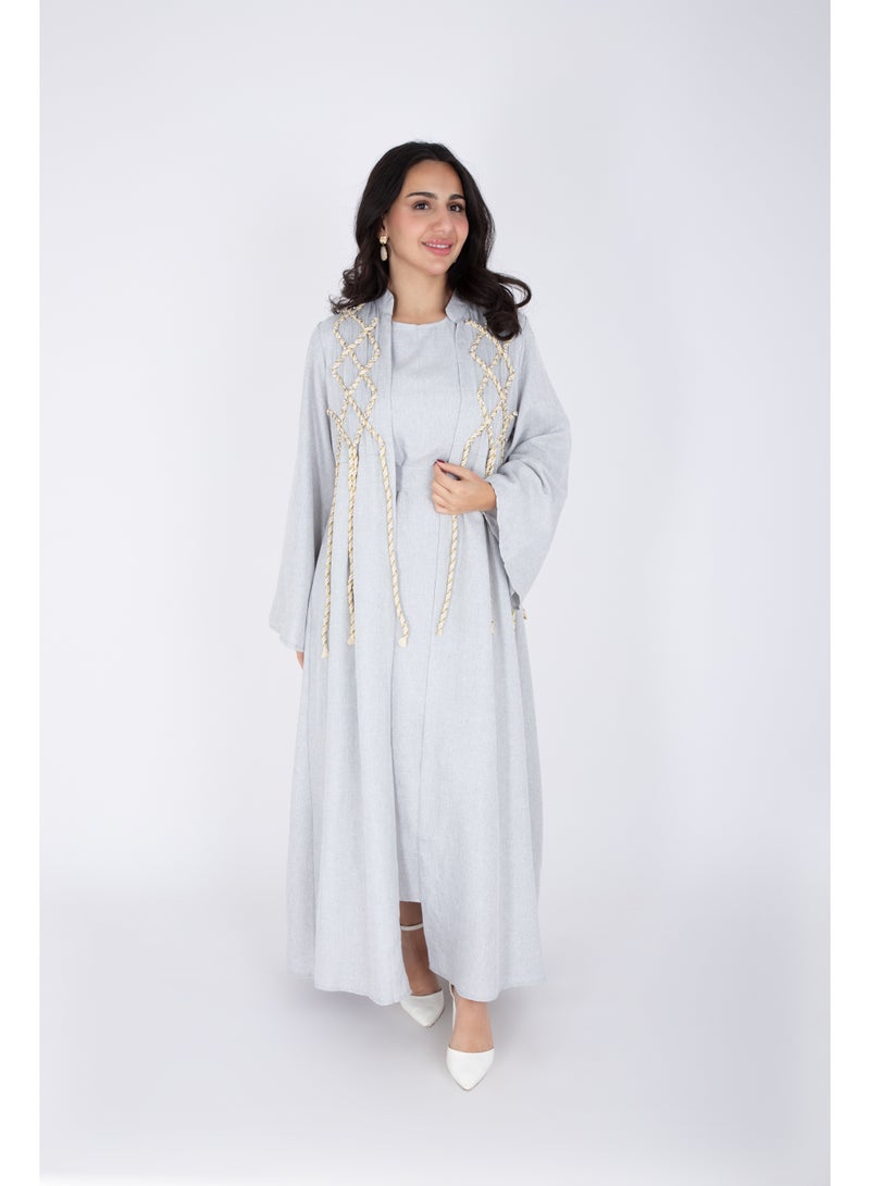 اكسا جلابية فاخرة قطعتين بتصميم حبل كتان رمادي - Image 3