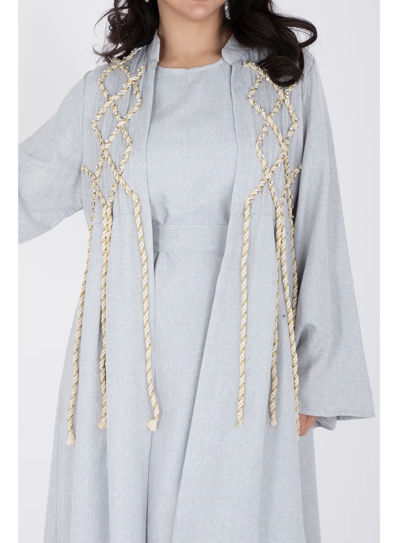IKKXA 2 Piece Luxury Linen Rope Design Jalabiya IK6021 Grey