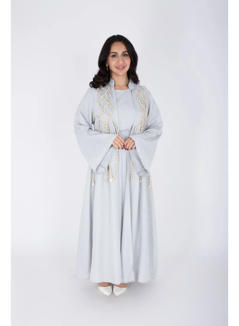 IKKXA 2 Piece Luxury Linen Rope Design Jalabiya IK6021 Grey