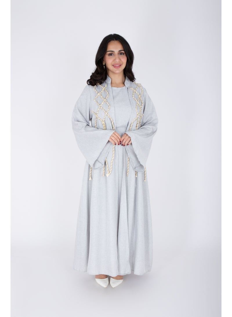 اكسا جلابية فاخرة قطعتين بتصميم حبل كتان رمادي - Image 1