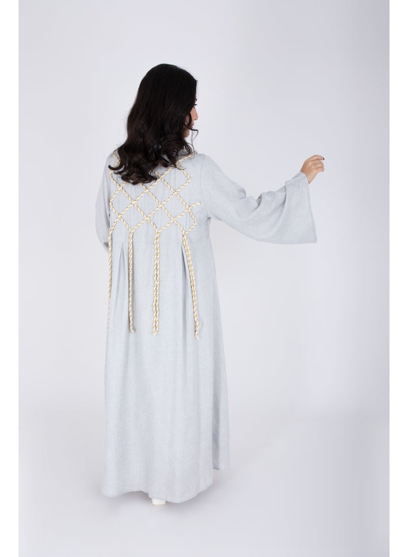 اكسا جلابية فاخرة قطعتين بتصميم حبل كتان رمادي - Image 4