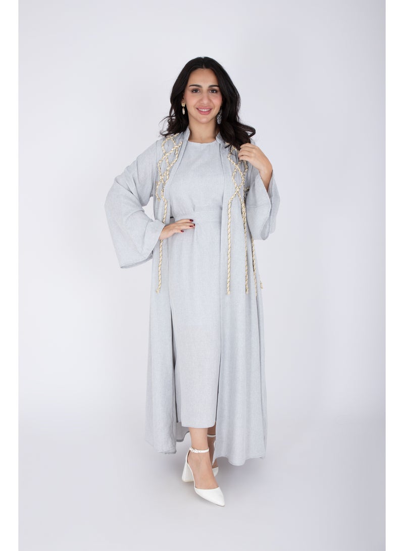 اكسا جلابية فاخرة قطعتين بتصميم حبل كتان رمادي - Image 5