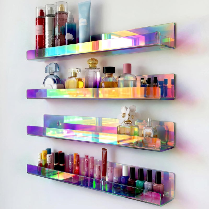 RORKIM 4 Pack 15 Inch Iridescent Acrylic Shelves, Clear Rainbow Floating Shelves for Wall, Modern Sunglasses Essential Oil Picture Ledge Display Toy Storage Wall Shelf - Image 1