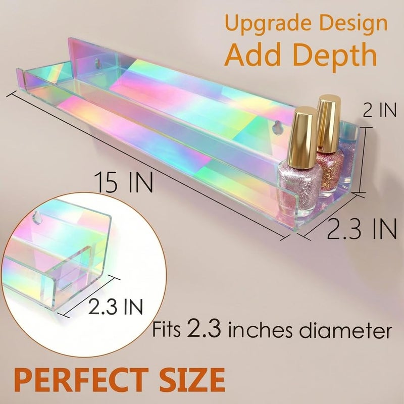 RORKIM 4 Pack 15 Inch Iridescent Acrylic Shelves, Clear Rainbow Floating Shelves for Wall, Modern Sunglasses Essential Oil Picture Ledge Display Toy Storage Wall Shelf - Image 4