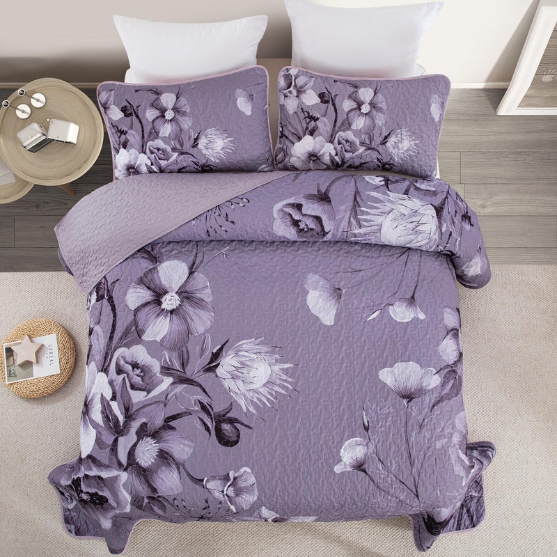 Drucon Floral Quilt Set Queen 3 Pieces Dark Purple Boho Flower Quilt Coverlet Set Soft Microfiber Lightweight Floral Quilted Bedspread with 2 Pillow Shams for All Season 90"x96" - Image 3