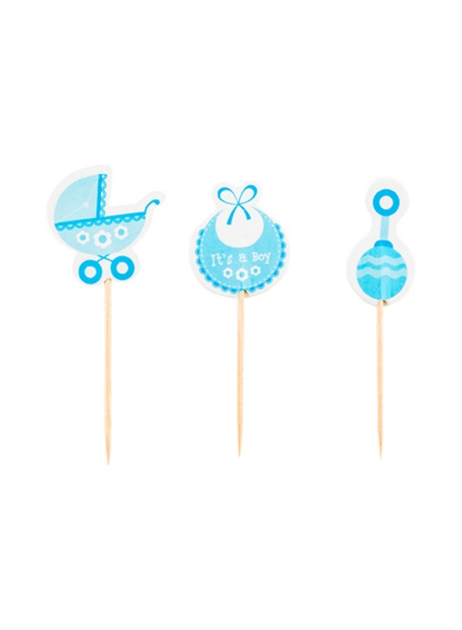 Restaurantware Top Cake Baby Shower Cupcake Toppers, 24 Assorted Baby Cake Toppers - Includes Stroller, Bib. And Rattle, Dessert Decorations, Blue Paper Gender Reveal Cupcake Toppers - Image 1