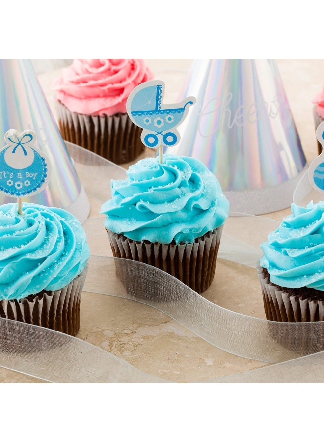 Restaurantware Top Cake Baby Shower Cupcake Toppers, 24 Assorted Baby Cake Toppers - Includes Stroller, Bib. And Rattle, Dessert Decorations, Blue Paper Gender Reveal Cupcake Toppers - Image 3
