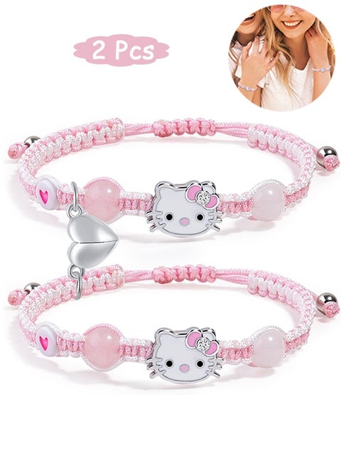 2 Pcs kitty Couples Fashion Bracelets for Women Men, Cute Cartoon Elastic Beaded Bracelets, Cartoon Themed Pendant Friendship Bracelets Gift for Teen Girls Kids