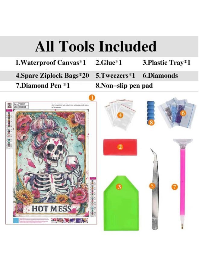 ckdiluy 5D Diamond Art Painting Kit, Hot Mess Floral Skull Design, Full Drill Round Crystal Paint with Accessories, DIY Wall Home Decor, Adult Crafts Gift 12x16 Inch - Image 5
