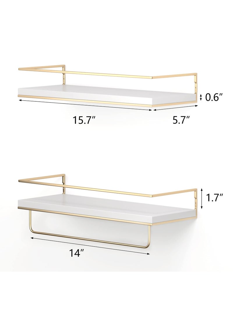 White Floating Shelves - Set of 2, Wall Mounted with Golden Towel Rack, 15.7 Inches - Image 3