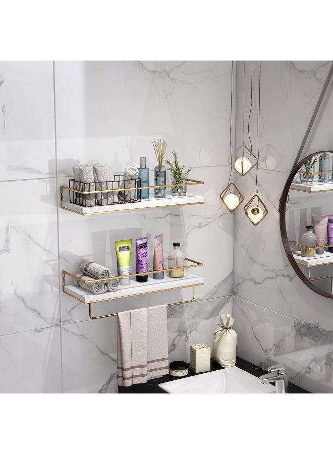 White Floating Shelves - Set of 2, Wall Mounted with Golden Towel Rack, 15.7 Inches - Image 2