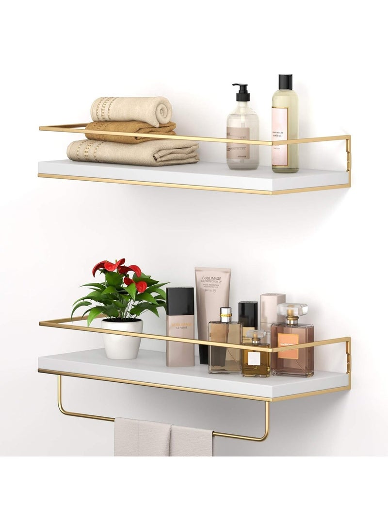 White Floating Shelves - Set of 2, Wall Mounted with Golden Towel Rack, 15.7 Inches - Image 1