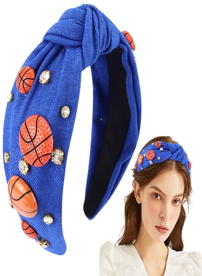 هابدو طوق رأس هابدو باللون الأزرق الملكي، مرصع بأحجار الراين، بتصميم عقدة، وإكسسوارات شعر رياضية واسعة، هدية مثالية لعشاق كرة السلة. - Image 1