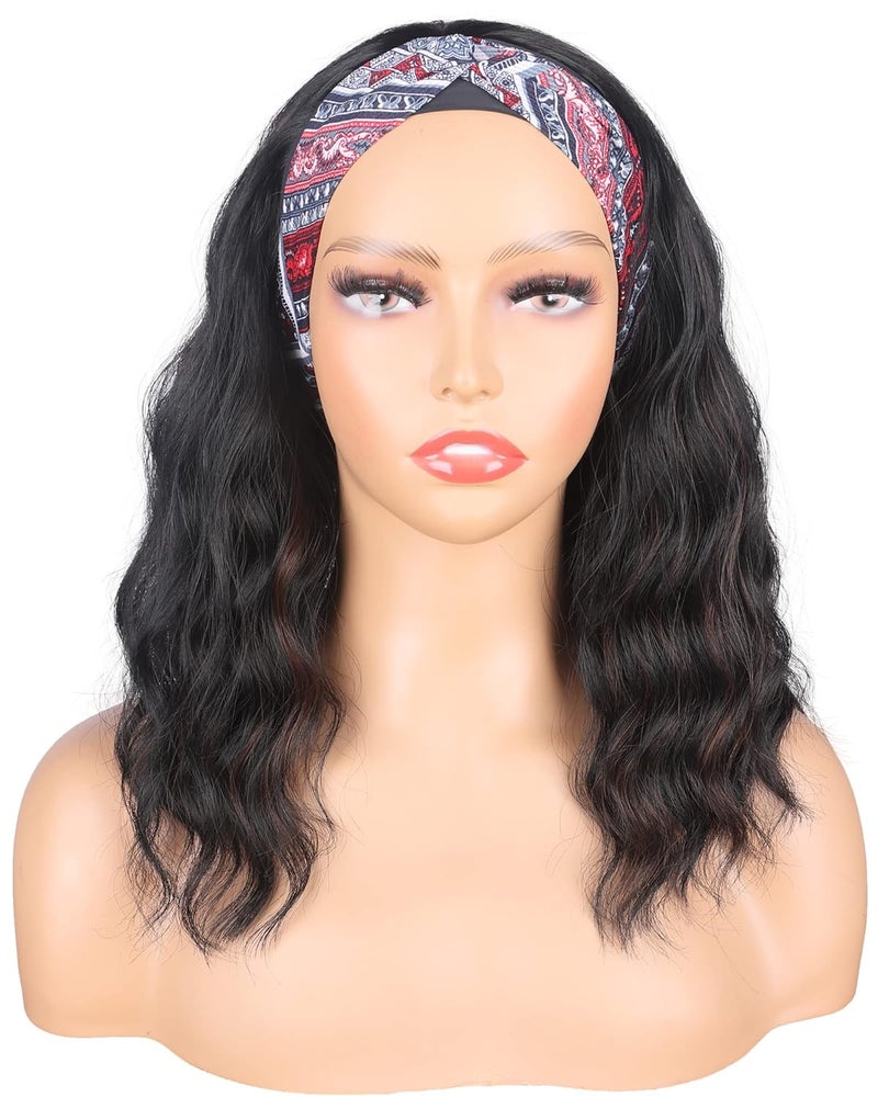 Black Headband Wigs With Brown Highlights For Black Women Synthetic Black Brown Wavy Headband Wigs Soft Light Natural Looking Hair Replacement Wigs Heat Resistant 14 Inch black brown