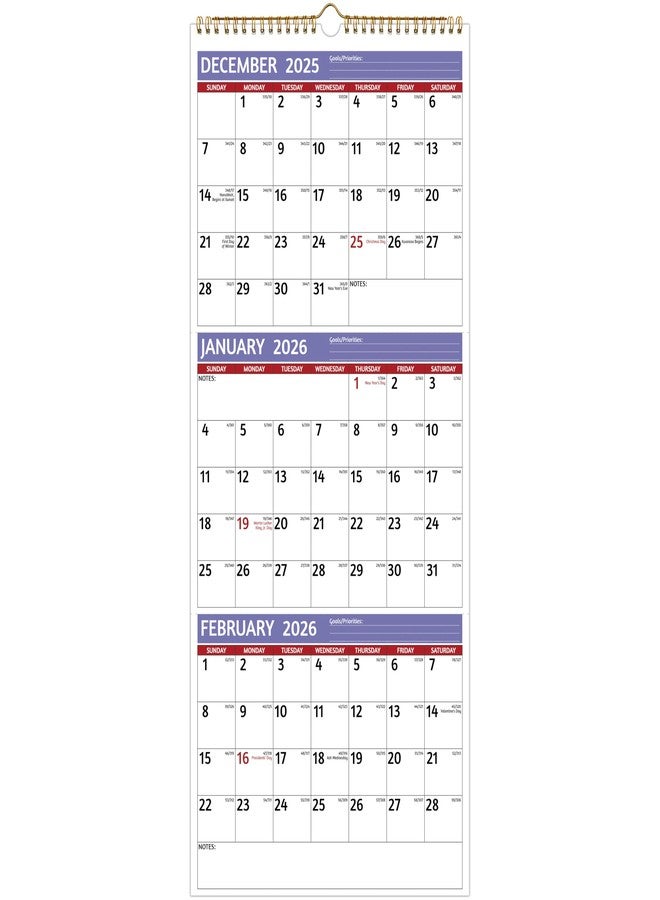 BowCuk 2026 Wall Calendar - 3 Month Calendar 2026 Vertical, Jan 2026 - Dec 2026, 3 Month Wall Calendar 2026, 11 x 26 In Open, 2026 Calendar with Large Print, Holidays, Thick Paper, Priorities ＆ Notes, Purple - Image 1