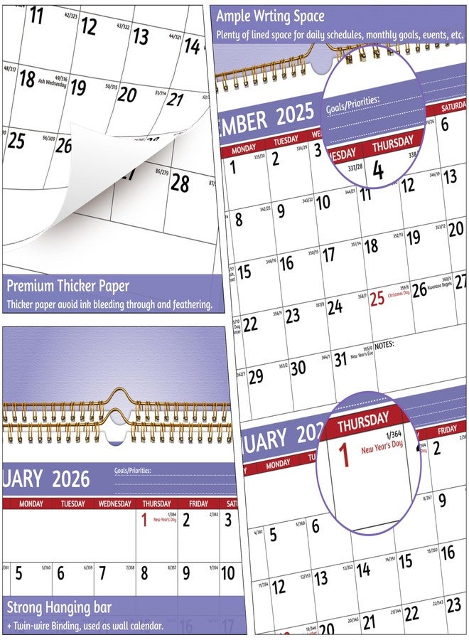 BowCuk 2026 Wall Calendar - 3 Month Calendar 2026 Vertical, Jan 2026 - Dec 2026, 3 Month Wall Calendar 2026, 11 x 26 In Open, 2026 Calendar with Large Print, Holidays, Thick Paper, Priorities ＆ Notes, Purple - Image 4