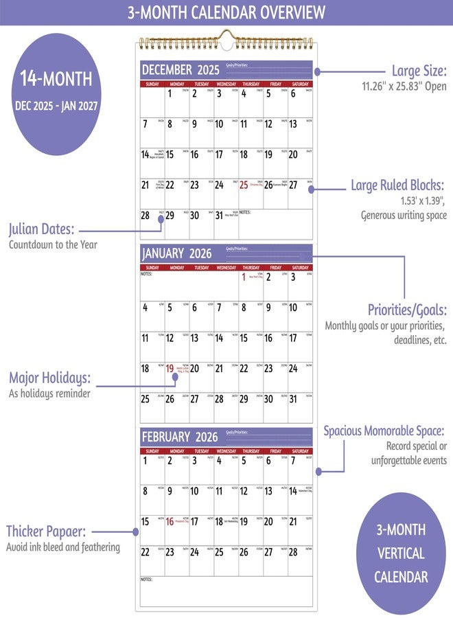 BowCuk 2026 Wall Calendar - 3 Month Calendar 2026 Vertical, Jan 2026 - Dec 2026, 3 Month Wall Calendar 2026, 11 x 26 In Open, 2026 Calendar with Large Print, Holidays, Thick Paper, Priorities ＆ Notes, Purple - Image 3