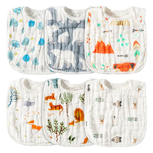 Zainpe 6Pcs Snap Muslin Cotton Bibs for Baby Bear Fox Deer Dog Bib Adjustable Machine Washable Burp Cloths with 6 Absorbent Soft Layers for Unisex Infant Newborn Toddler Drooling Feeding Teething - Image 1