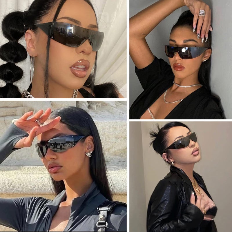 Fozono Trendy Rimless Star Y2K Sunglasses for Women Men Shield Oversized Wrap Around Frameless Sunglasses UV400 Protective Black-Gray - Image 3