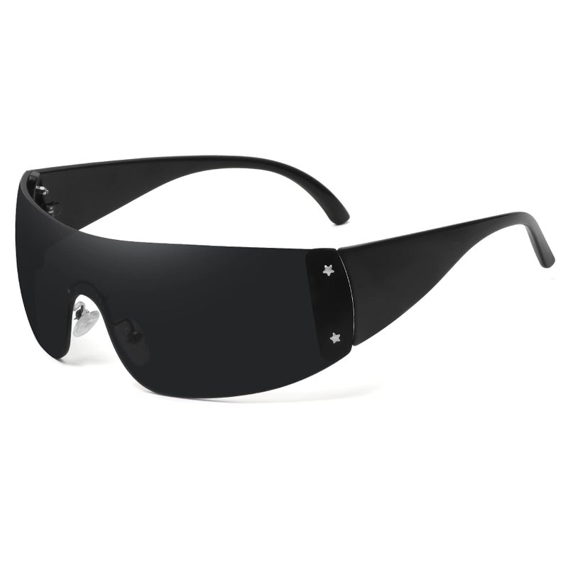 Fozono Trendy Rimless Star Y2K Sunglasses for Women Men Shield Oversized Wrap Around Frameless Sunglasses UV400 Protective Black-Gray - Image 1