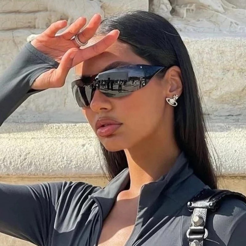 Fozono Trendy Rimless Star Y2K Sunglasses for Women Men Shield Oversized Wrap Around Frameless Sunglasses UV400 Protective Black-Gray - Image 2