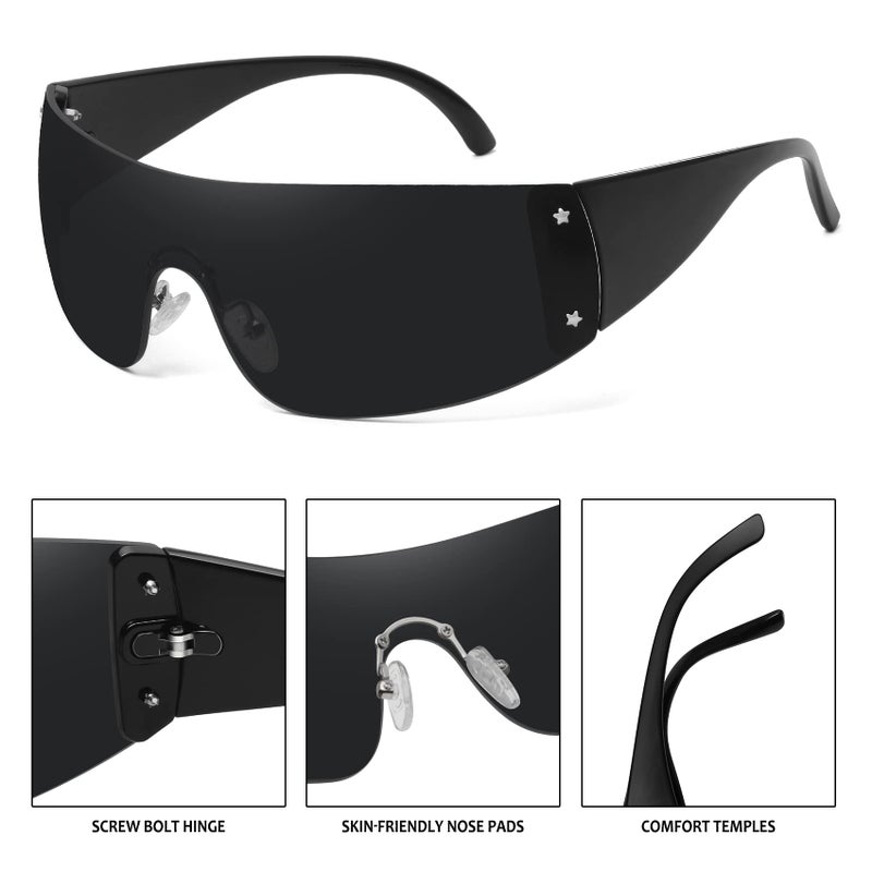Fozono Trendy Rimless Star Y2K Sunglasses for Women Men Shield Oversized Wrap Around Frameless Sunglasses UV400 Protective Black-Gray - Image 5