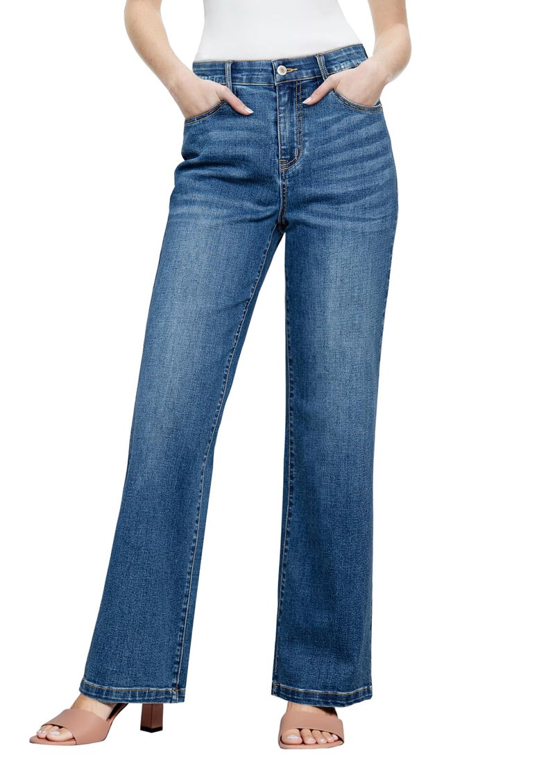 Sidefeel Wide Leg Jeans Woman High Waisted Stretchy Straight Leg Elastic Waist Baggy Denim Pants Blue Size 8 - Image 1