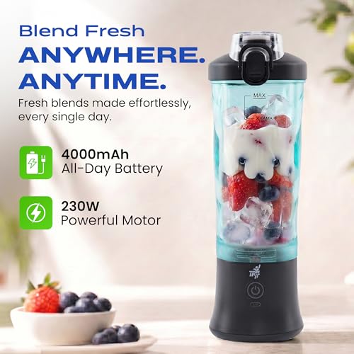 TR6 Blendmate Ultra Travel & Gym Portable Blender with Sipper Lid | 600ml USB Rechargeable Smoothie Blender | 230W Motor | 4000mAh Battery | Mini Personal Blender for Protein Shakes & Juices (Black) - Image 3
