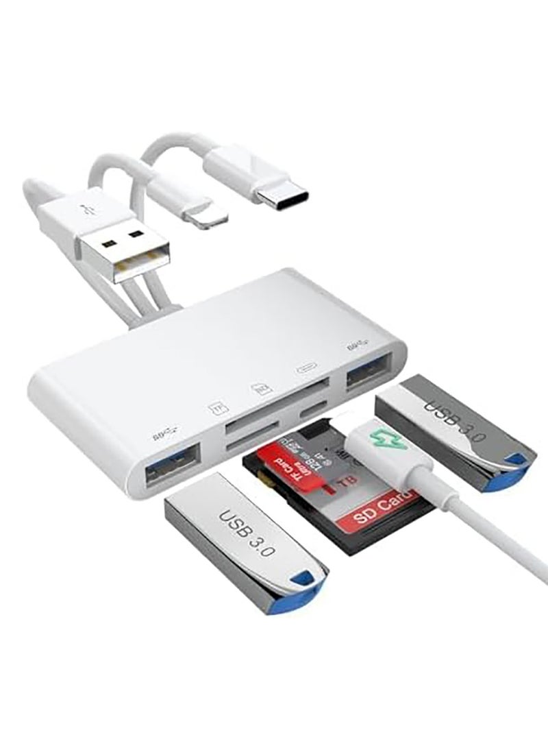 5-in-1 SD Card Reader - Universal Memory Card Reader for iPhone, Android, USB-C, with 3 Data Cable Ports and USB 3.0 Speed, Compatible with MacBook, Laptop, and PC  - Image 1