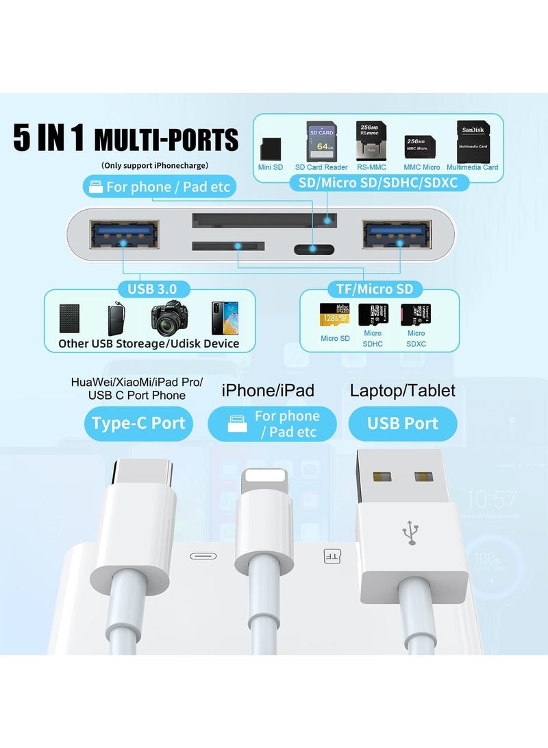 5-in-1 SD Card Reader - Universal Memory Card Reader for iPhone, Android, USB-C, with 3 Data Cable Ports and USB 3.0 Speed, Compatible with MacBook, Laptop, and PC  - Image 3
