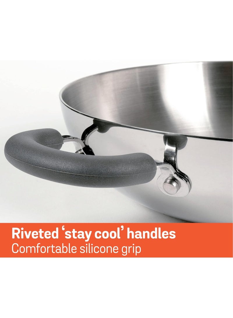 بريتيش شيف مقلاة كاداي من الفولاذ المقاوم للصدأ من British Chef مقاس 22 سم مع غطاء زجاجي | قاعدة متوافقة مع موقد الحث والغاز | مقابض مقاومة للحرارة | مقلاة متعددة الأغراض للقلي العميق والطهي - Image 5